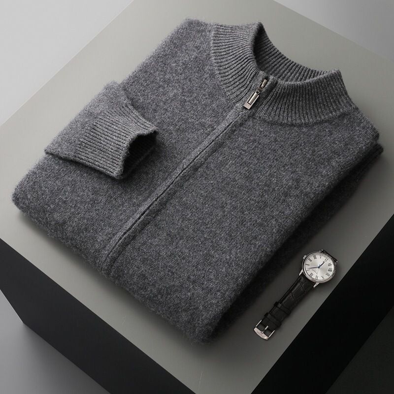 Cross-Border New Style 100% Wool Cardigan Men's Stand-Up Collar Zipper Knit Sweater Cross-Border Jacket Warm Loose Top