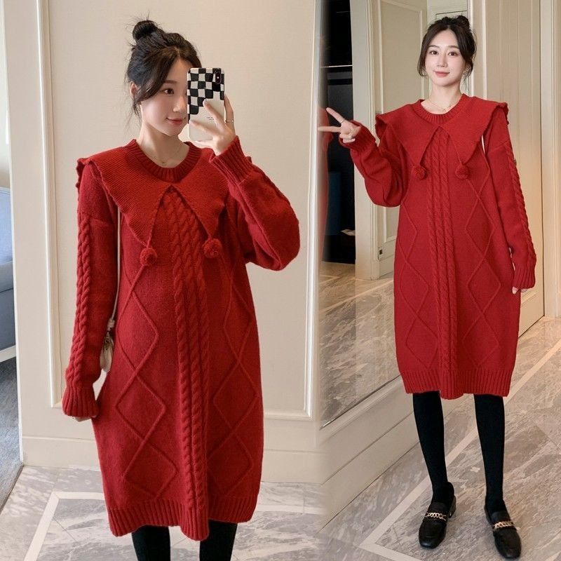 서양식 새해 임산부 옷 가을 겨울 정장 2025 새로운 대형 두꺼워진 드레스 상의 겨울 스웨터 드레스