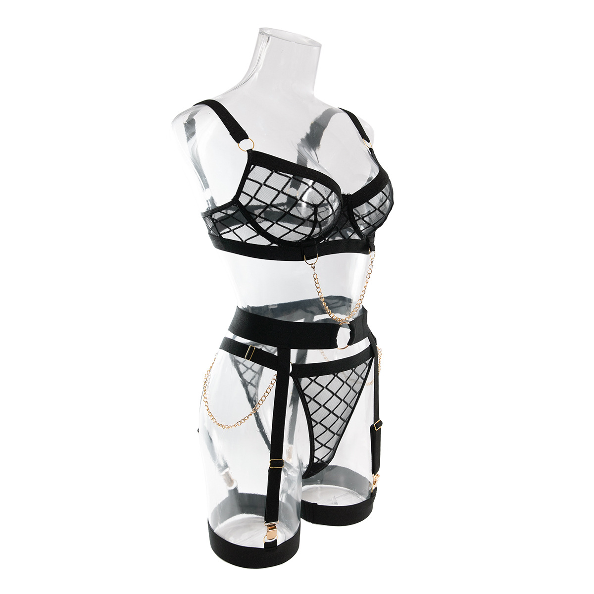 Chillgio Frauen transparente BH kurze Anzüge Mode Bodycon Mesh Kette Dessous lässig 4 Stück Push-up Bügel Unterwäsche-Sets – Detail 9