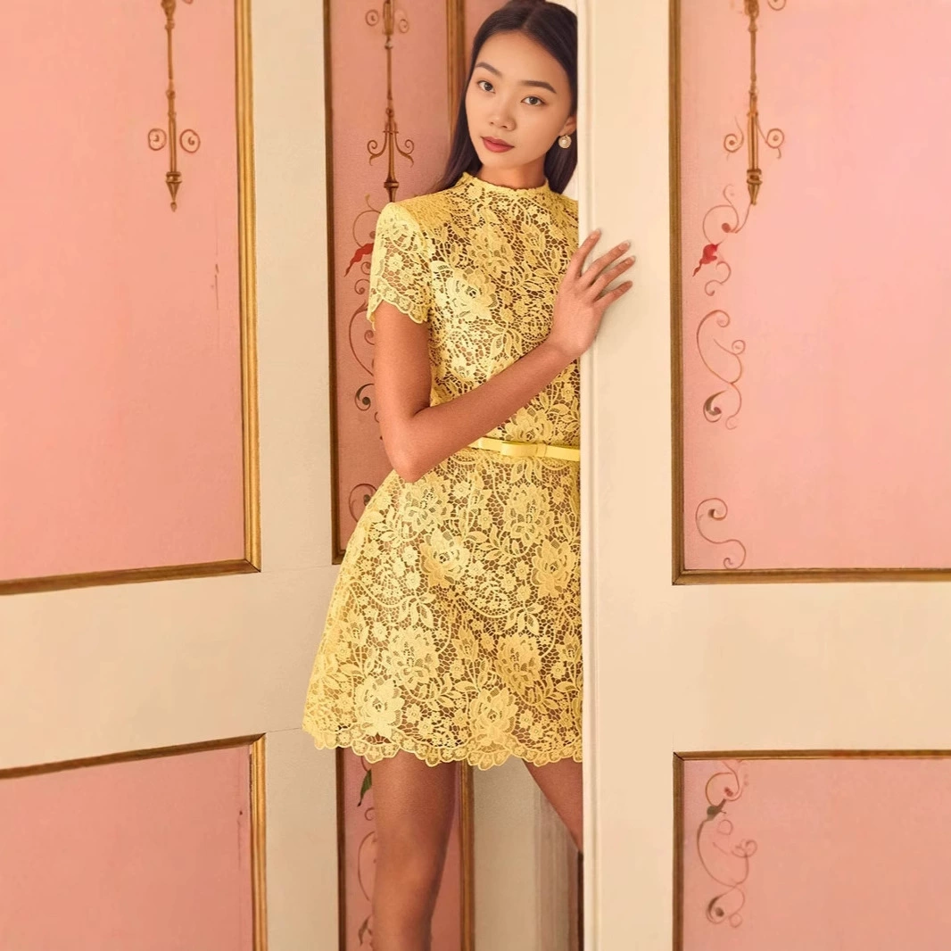 Летнее элегантное платье с круглым вырезом, короткими рукавами и кружевной талией, облегающее (с поясом), для трансграничной экспорта 2025 года