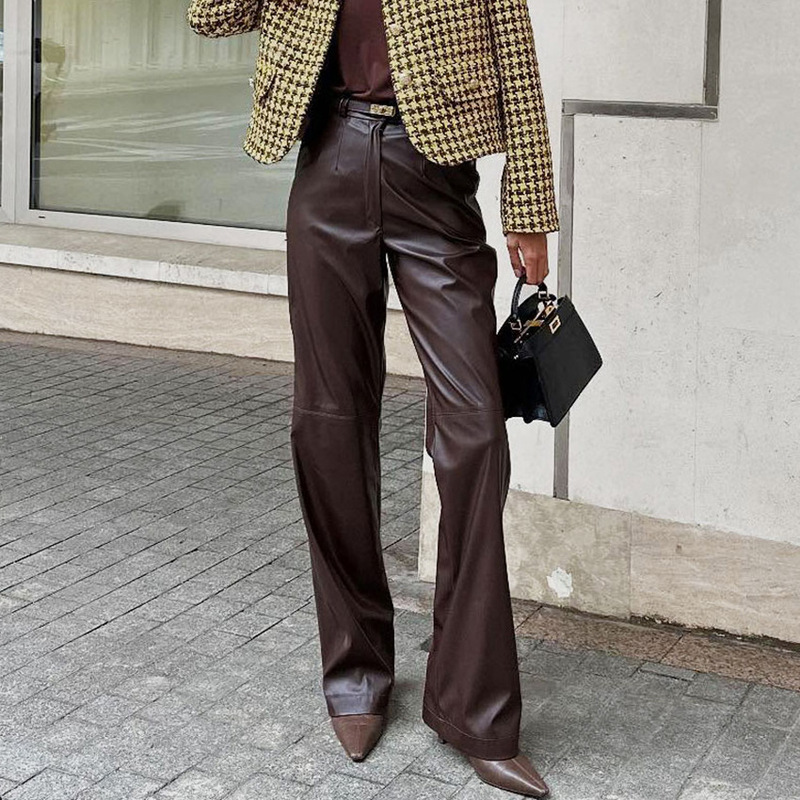 Autumn and Winter New Casual Pants Long Pants European and American Fashion Pu Leather Pants High-Waisted Flared Pants Women Slim Fit 2025 Cross-Border