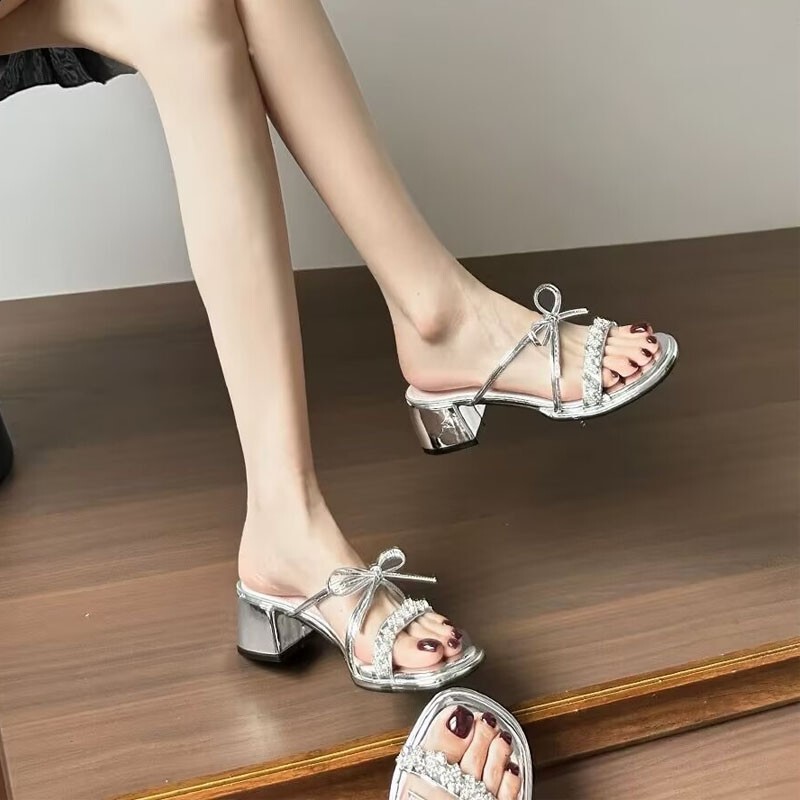 French Style Elegant Bow Sandals for Women Outer Wear 2025 New Summer High Heel Shoes with Skirt Slide Shops