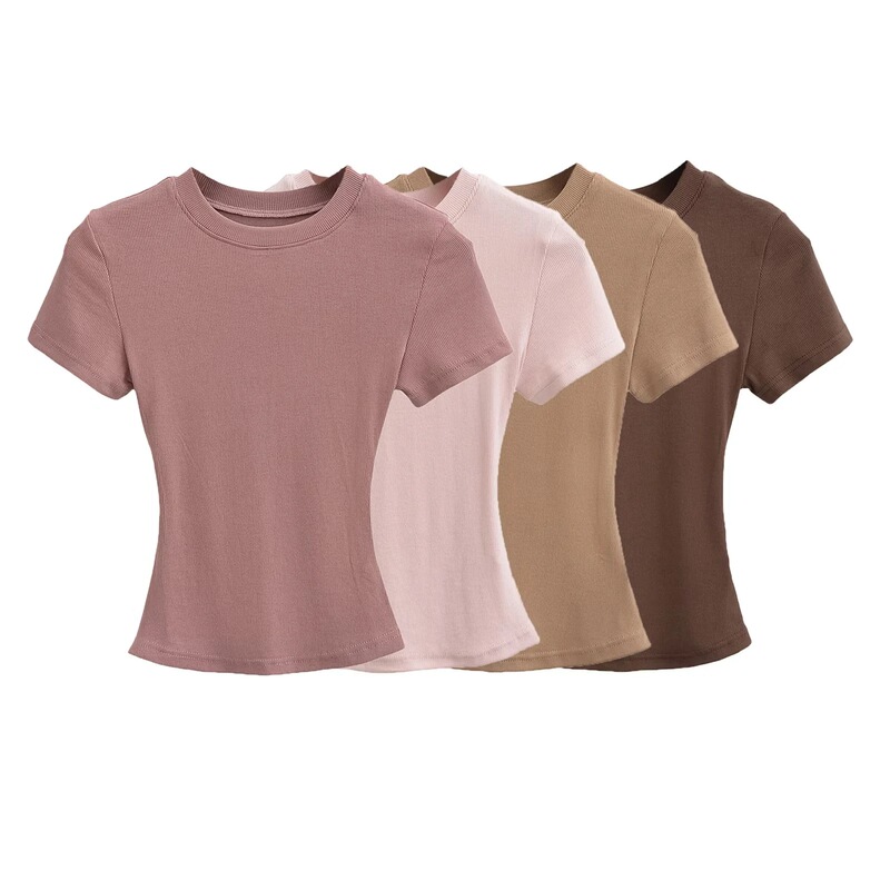 European and American Kardashian Style Sexy Small Round Neck Short-Sleeved T-Shirt for Women 2024 Summer Skims Pure Color Basic Threaded Top