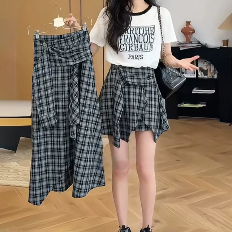 Асимметричная клетчатая юбка-кюлоты для женщин, лето 2025, большой размер, корейский стиль, высокая талия, длинная и короткая юбка А-силуэта