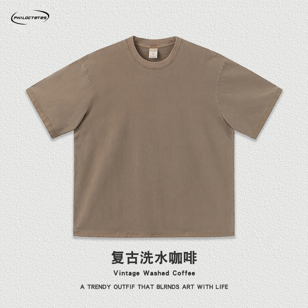 Comercio exterior pesado 260g flor frita apenado color sólido de manga corta Camiseta hombres y mujeres sueltos lavados camiseta de marca de moda estadounidense transfronteriza