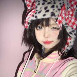 复古小众鬼马甜心少女可爱豹纹猫耳帽子女秋冬百搭套头帽酷潮冷帽