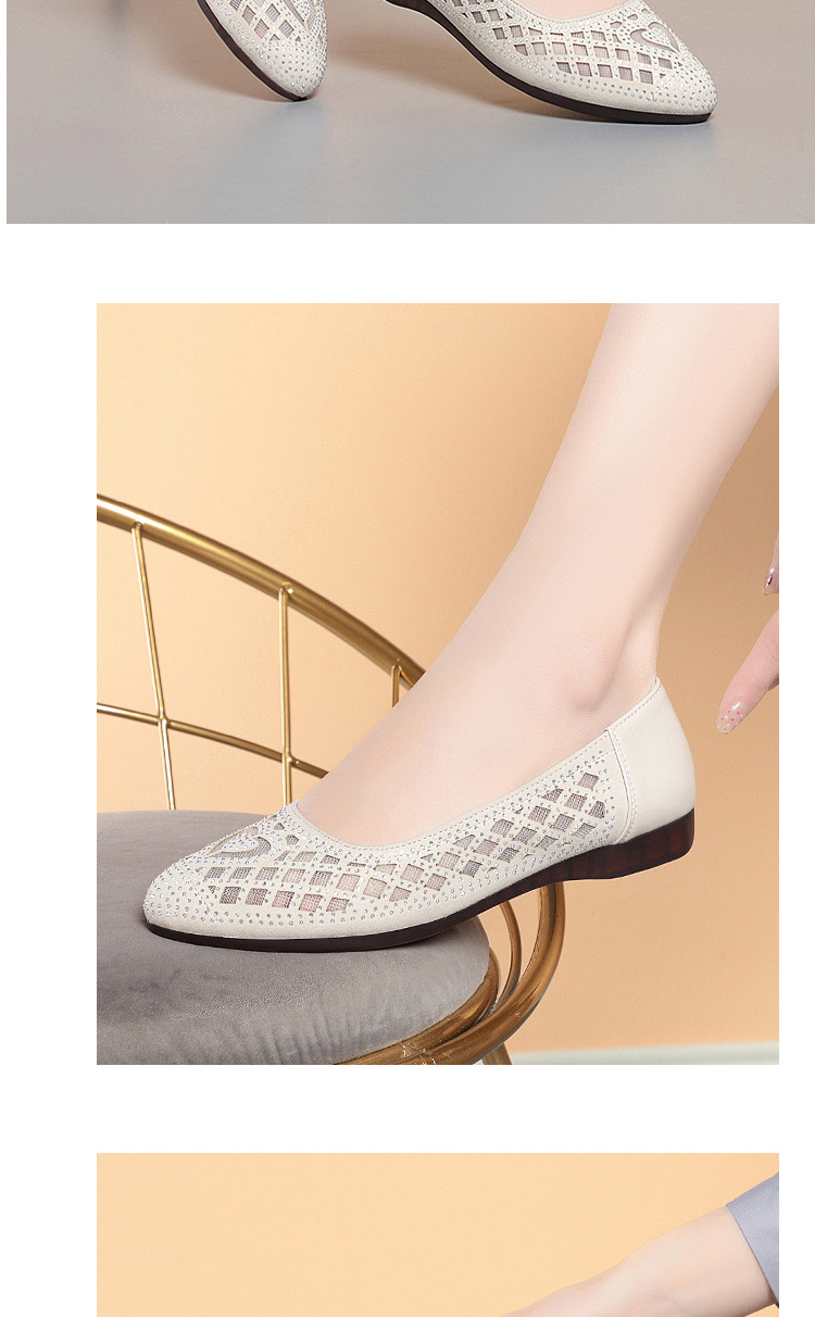Sandal nữ da thật mũi tròn đính đá đế bệt thoáng khí — Màu be chi tiết 15