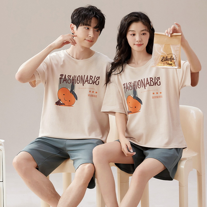 Pajamas de pareja de verano de algodón de verano pantalones cortos de mangas cortas de dibujos animados para hombres nuevos sets de ropa casera para mujeres sin impresión
