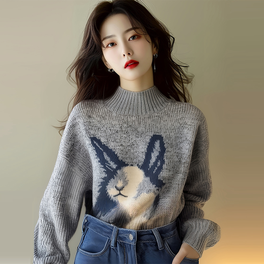 회색 스탠드 칼라 토끼 프린트 스웨터 부드러운 왁스 스웨터 여성의 2024 가을과 겨울 새로운 한국식 분위기 탑