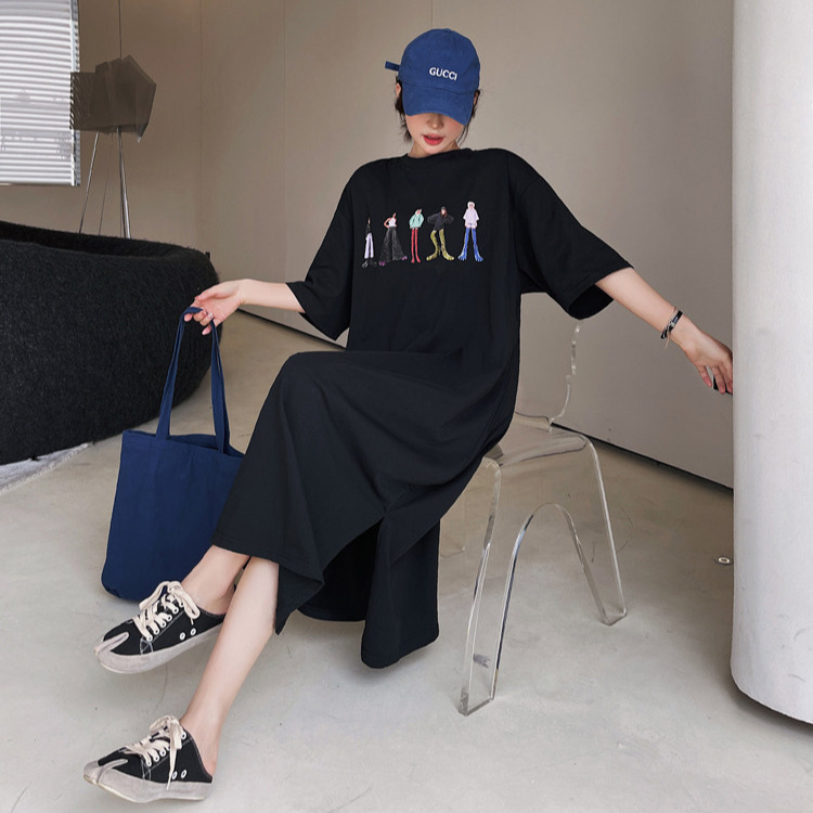 Amazon American Style Short Sleeve Dress Women's Spring and Summer Korean Style New Loose Slimming Over-the-Knee Long Lazy T-Shirt Dress