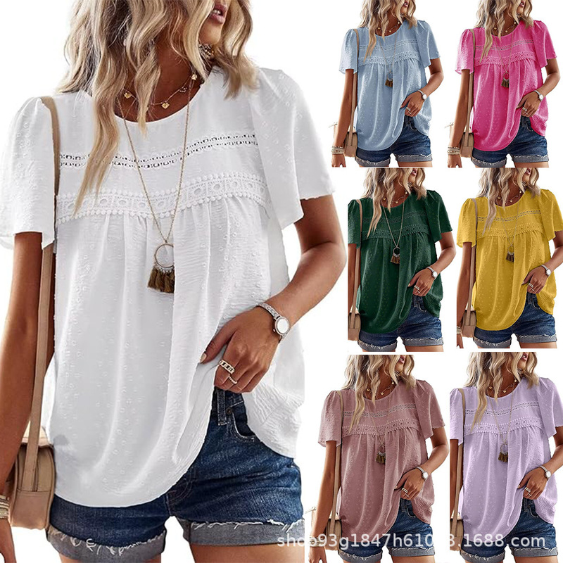 Cross-Border Foreign Trade Women's Popular Tops Round Neck Short-Sleeved Embossed Lace Puff Sleeve Bohemian Shirt