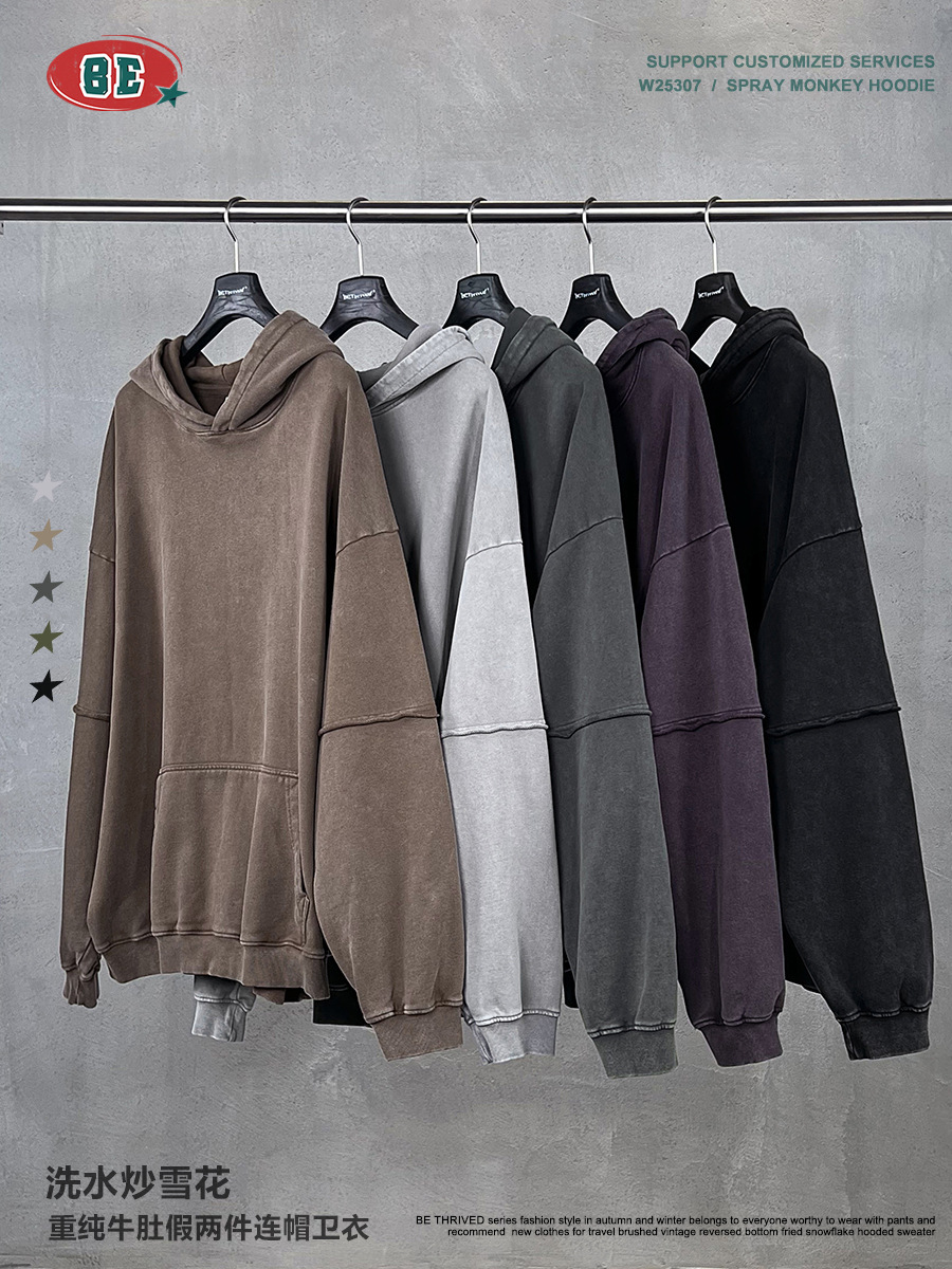 BE Men's Wear 2025 otoño americano pesado costura falsa dos piezas retro viejo copo de nieve frito con felpa suéter con capucha hombre image 3