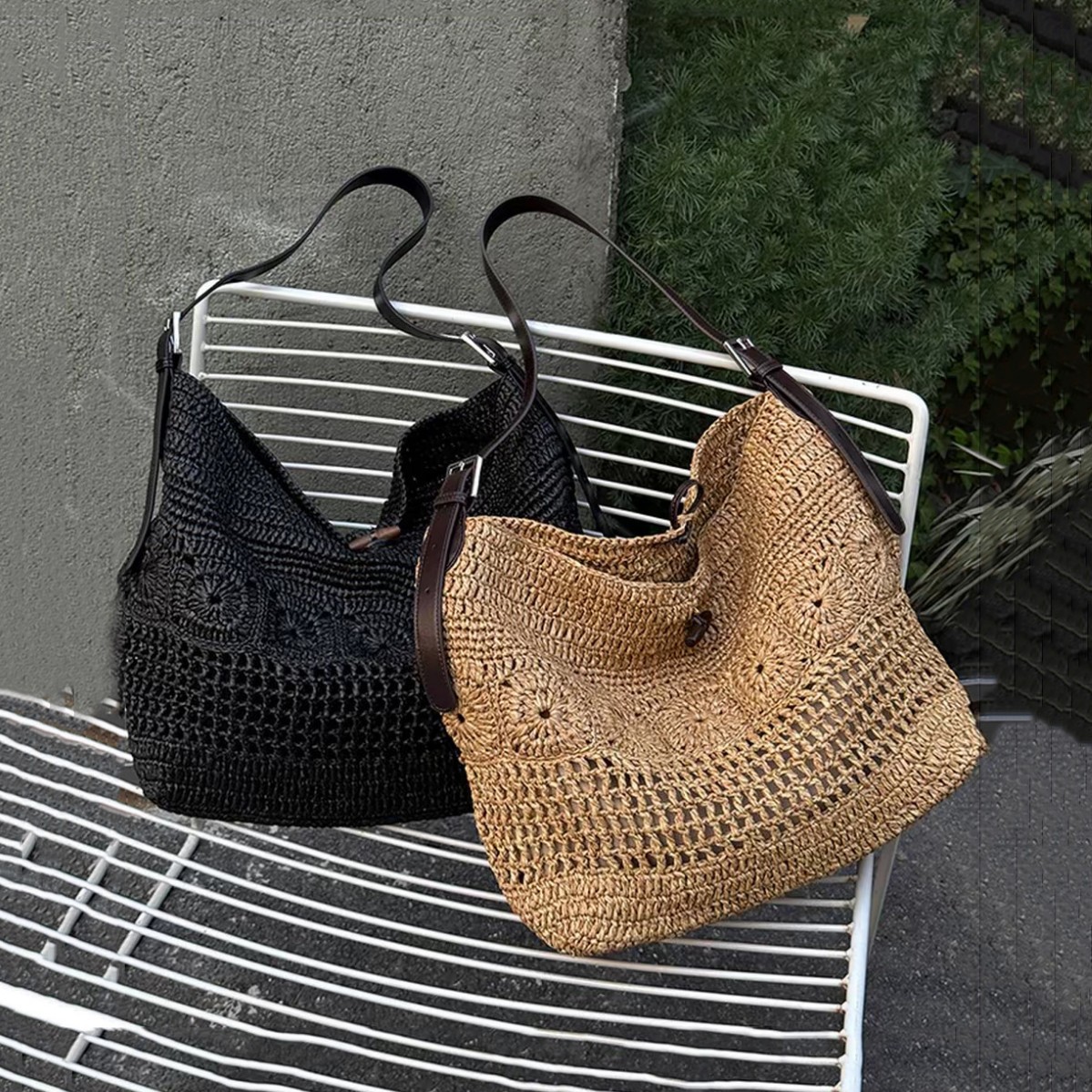 Raffia And Cowhide Leather Woven Tote Bag - Large Capacity Shoulder Bag For Women, Casual Vacation Beach Straw Bag