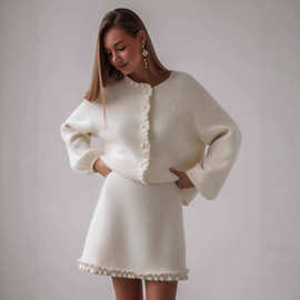 亚马逊欧美气质淑女纽扣针织毛衣女秋冬套装木耳边A字短裙两件套