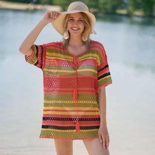 2022 New European and American Knitted Color Strip Beach Blouse Sexy Hollow Holiday Sun Shirt Bikini Swimsuit Blouse