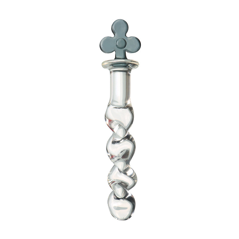 Glass Anal Plug with Poker Card Crystal Design, Bumps and Threads Texture, Transparent — detail image 8