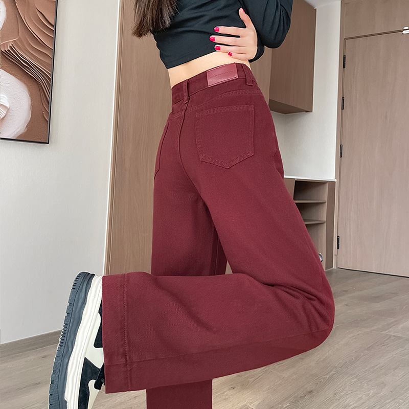 安哥拉紅色闊腿牛仔褲女秋季復古高腰窄版寬鬆垂感直筒拖地長褲子