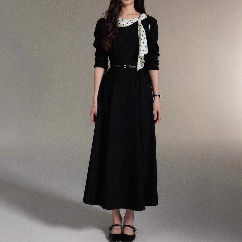 Elegant French-Style Polka Dot Flutter Sleeve Black Dress with a High-End Feel for Women