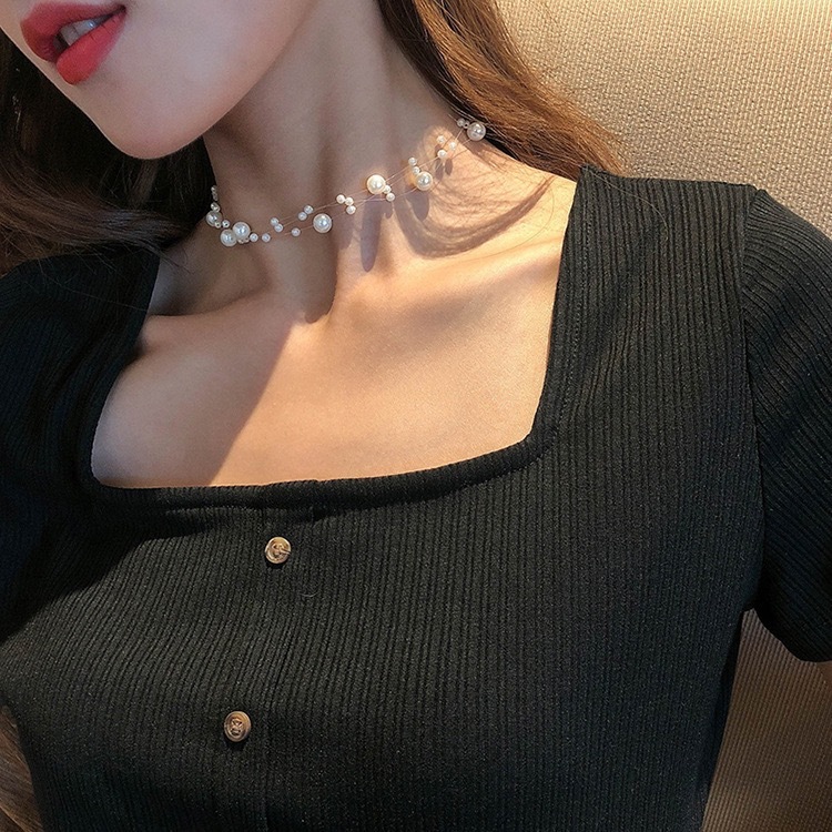 日本と韓国のパールネックレス女性の新しい三層鎖骨チェーンニッチデザインネックレス気質チョーカーアクセサリー|undefined