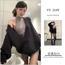 套装女2025秋冬新款慵懒风复古V领毛衣宽松针织衫修身背心连衣裙