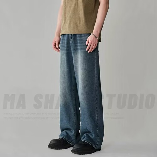 Vintage American-style distressed denim men's summer streetwear washed blue wide-leg pants trendy high-street versatile casual straight-leg long pants