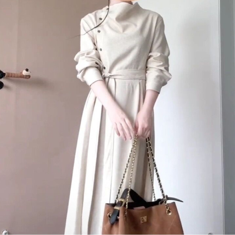 设计暮云归高级感长袖斜门襟连衣裙女秋知识分子风收腰裙 2025秋|undefined