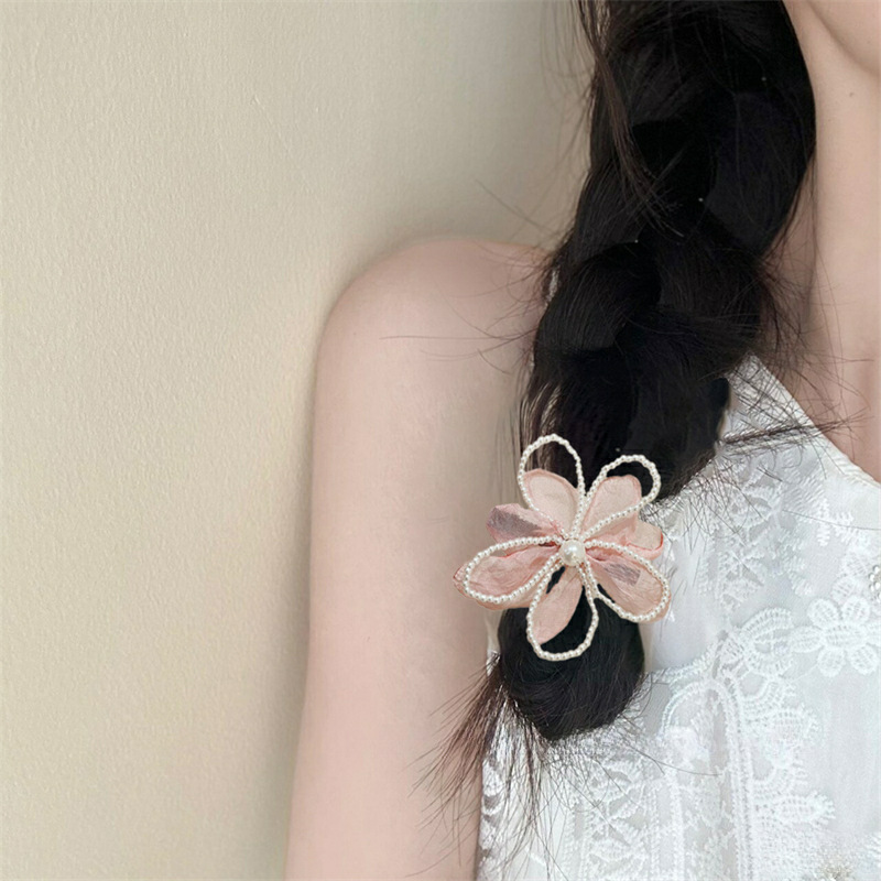 2024 Coréen nouvelle fleur en maille douce épingle à cheveux douce, accessoire de cheveux en perles, coiffe, pince à bec de canard, pince latérale_voghion.com