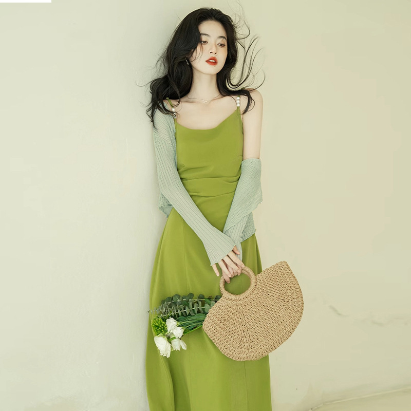 [in Stock] High-End, Elegant, and Stunningly Beautiful Summer Cardigan 2026 New Style Two-Piece French-Style Green Dress