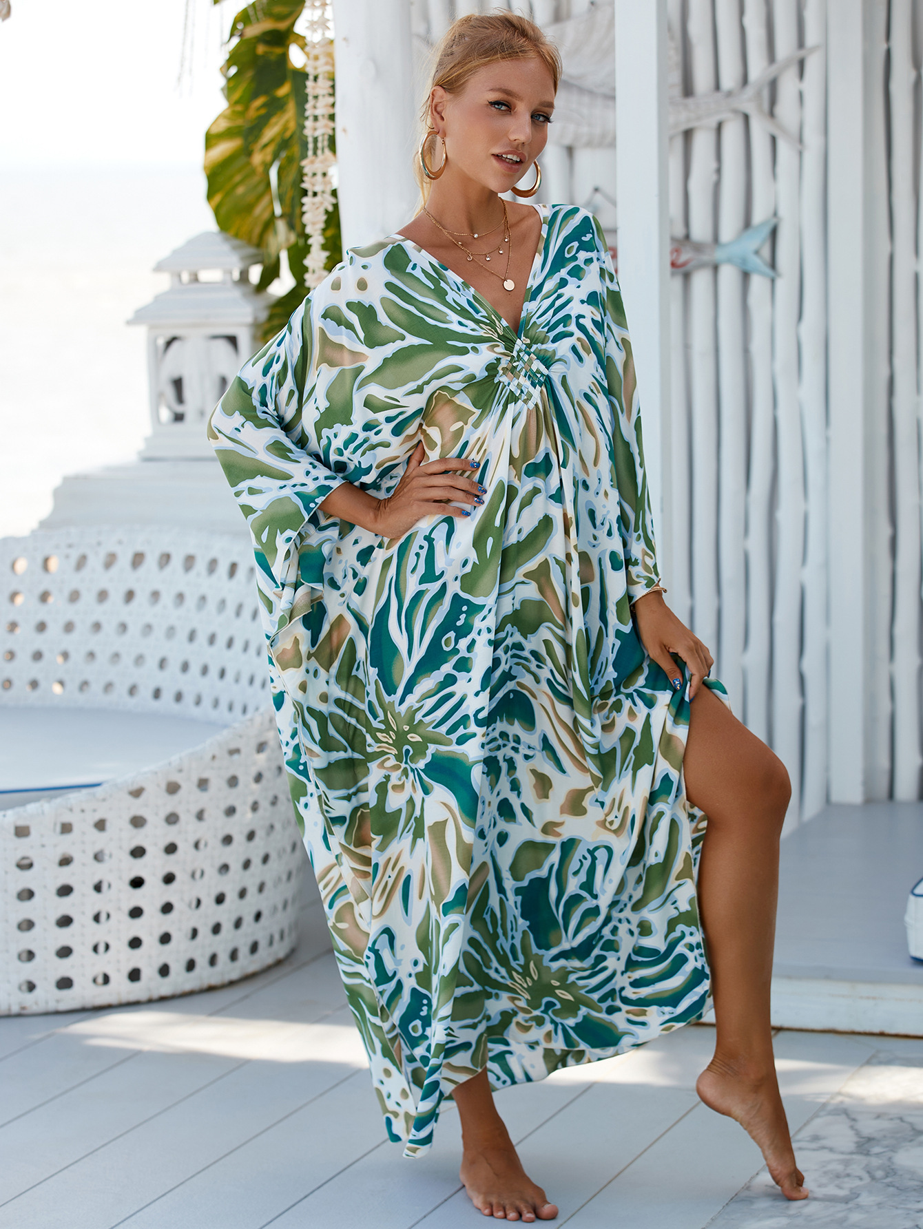 224g Weight Sunscreen Shirt Outerwear Type 3/4 Length Sleeve Sleeve Length Polyester Fabric Type Long Top Length V Neck Neckline Printing, Leopard Pattern Spring&Summer Season Women's Gender Vacation, Beach Style Women's Printing Leopard Vacation Beach Cover Ups 170