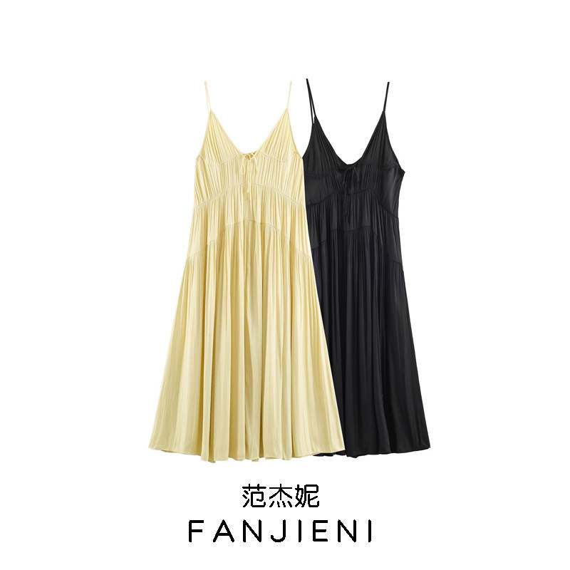 Zr Foreign Trade Wholesale European and American Style Women's Fashionable and Elegant Silk Satin Textured Pleated V-Neck Dress 3067380 Zr Foreign Trade Wholesale European and American Style Women's Fashionable and Elegant Silk Satin Textured Pleated V-Neck Dress 3067380