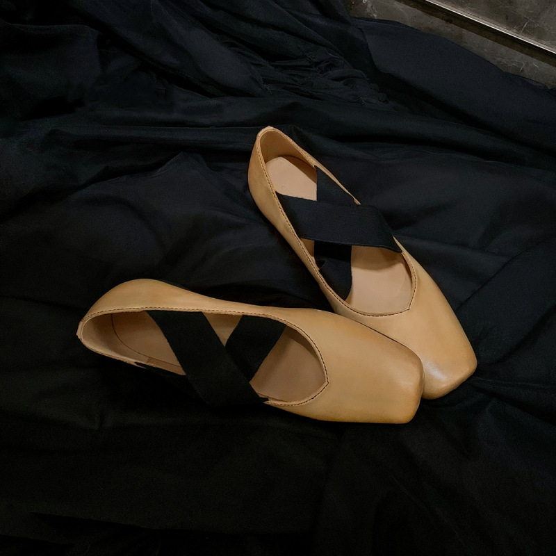 Washed Process ~ Pig Nose Vintage Distressed Cross-Strap Genuine Leather Ballet Flats for Women