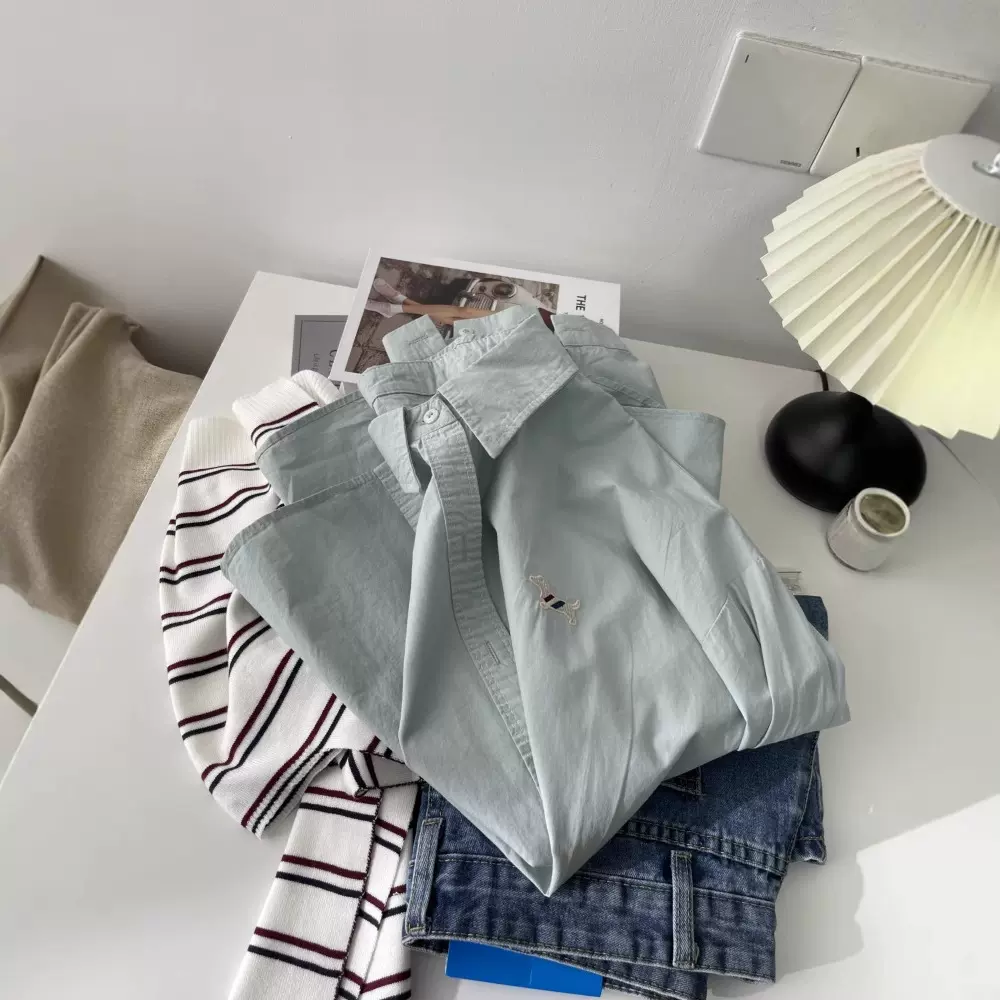 法式休闲配条纹披肩衬衫两件套装女春卡通刺绣慵懒男友风上衣5213