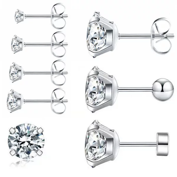 Cross-Border 316L Stainless Steel Four-Claw Round Zircon Earrings Titanium Steel Ear Bone Earrings with Ball Round Cake Butterfly Buckle
