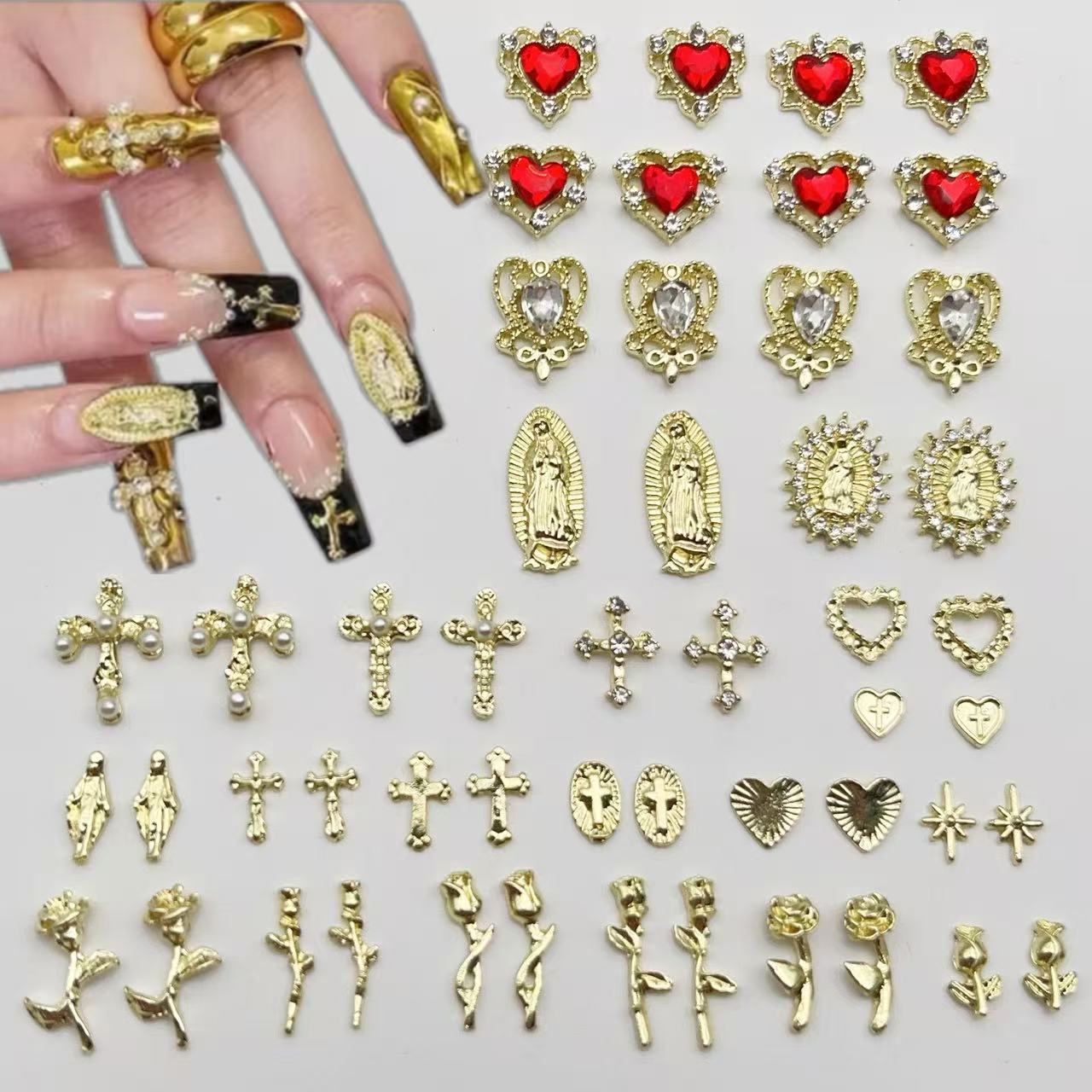 다양한 스타일의 크로스보더 네일 아트 합금 주얼리, 러브 크로스 네일 다이아몬드, 나비 결합 합금 네일 장식