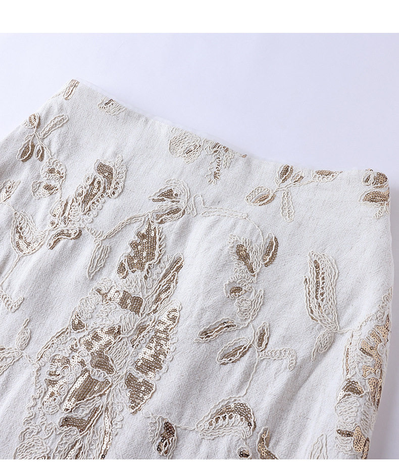 Chân váy linen nữ dáng suông dài vừa, thêu đính kim sa công phu, phong cách quý cô thanh lịch — Màu be chi tiết 13