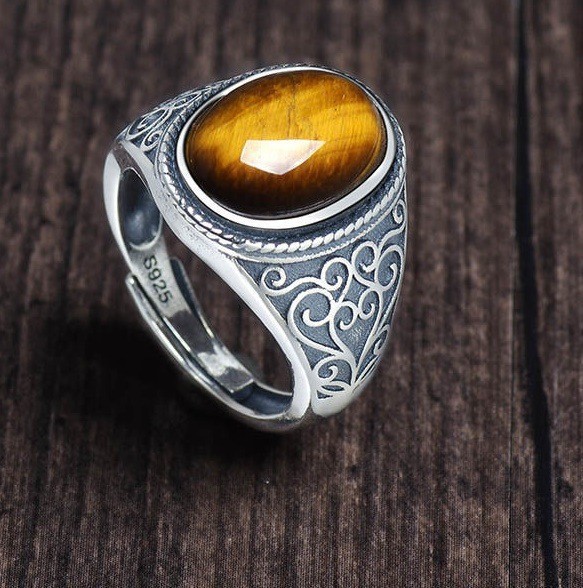 New S925 Silver Tiger Eye Stone Adjustable Men's Ring Vintage Style Natural Gift Open Ring with Gold Feel