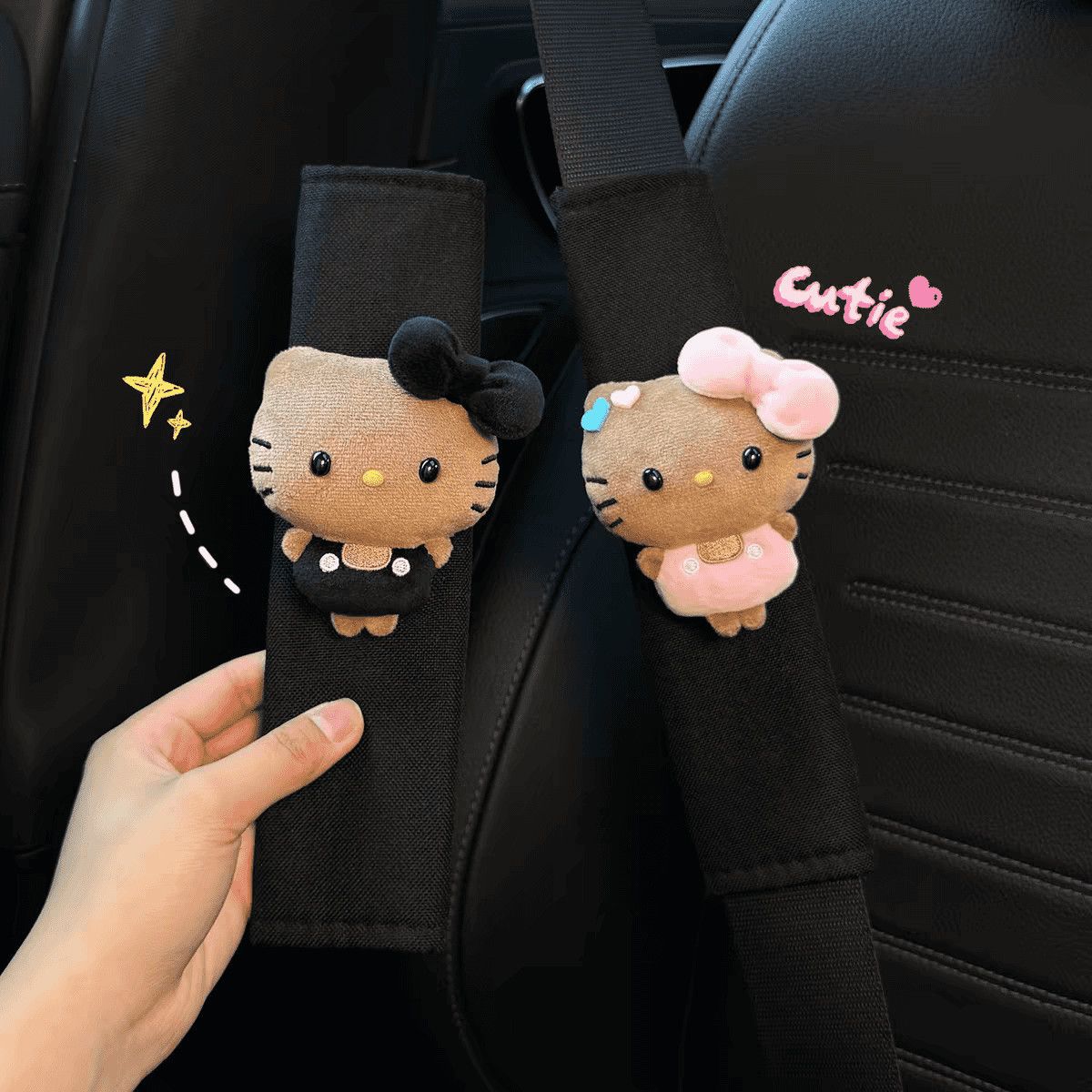 Black Leather Mini Hello Kitty Seatbelt Shoulder Pads, Cute Car Interior Accessories, New Car Gift