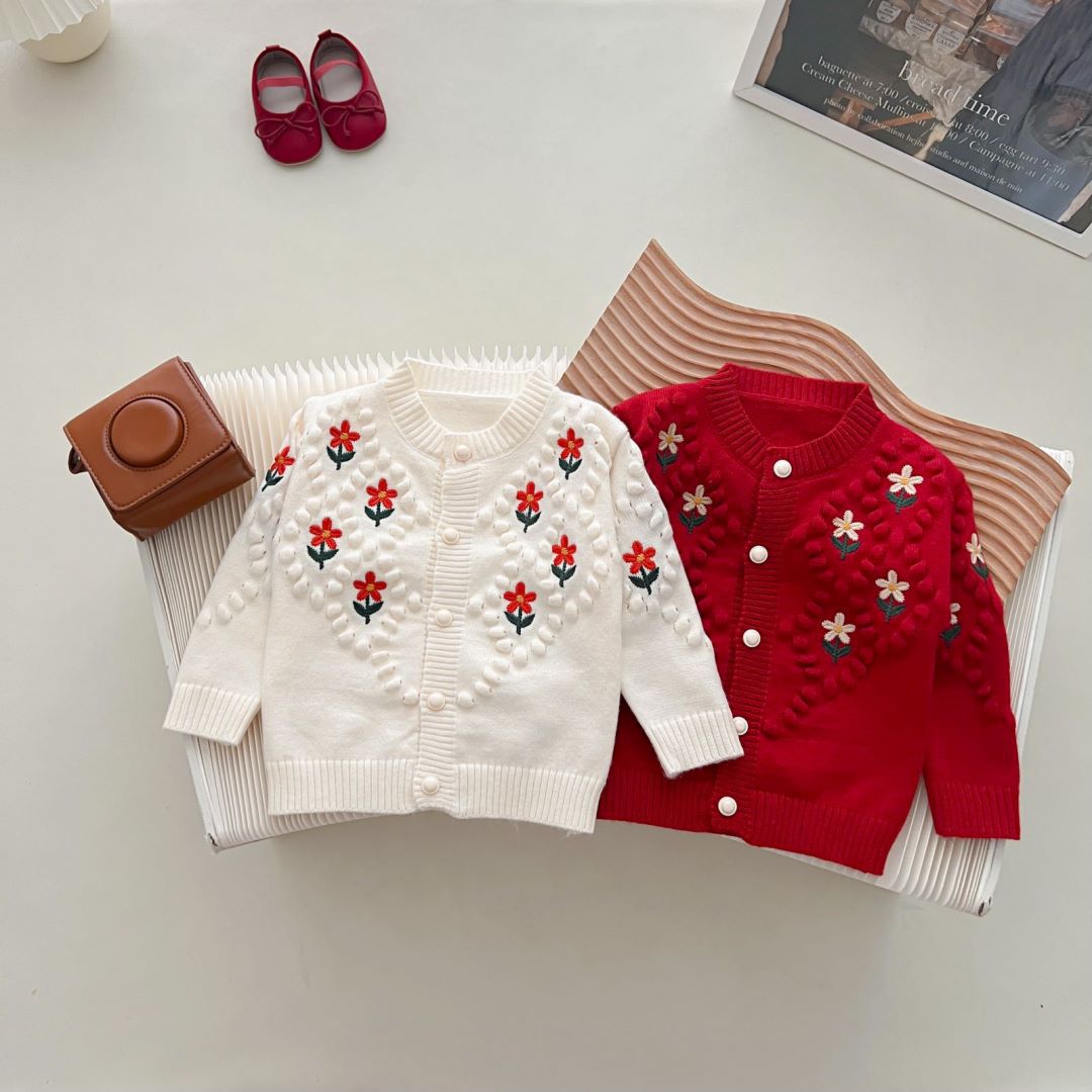 JINYONG Kinderpullover Neue koreanische Ausgabe Western Sweet bestickte Blume 3D Ball Strickmantel für Mädchen_voghion.com