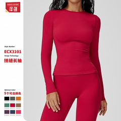 泽创跨境磨毛长袖瑜伽服圆领修身健身服户外跑步运动长袖T恤3101