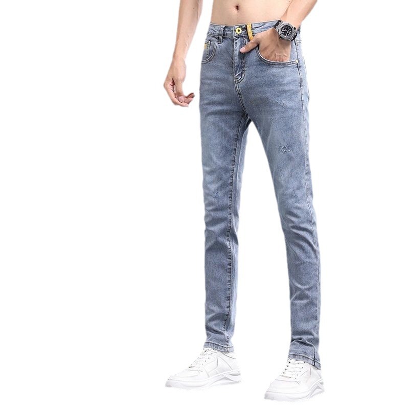 Jeans homme slim fit petits pieds 2024 printemps et automne style fin tendance polyvalent élastique lavé décontracté jambe droite longue_voghion.com