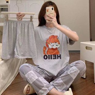 three-piece suit pajamas women's summer short-sleeved shorts + trousers three-piece casual cartoon home wear