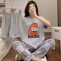 Костюм-тройка, Пижама, женские летние шорты с коротким рукавом + брюки, Повседневная Домашняя одежда из трех предметов с героями мультфильмов