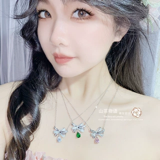 Camellia小红书经典glf蝴蝶结项坠女 镀真金璀璨彩宝满钻轻奢项链