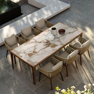 Outdoor Slate Dining Table and Chairs Villa Courtyard Garden Rattan Chair Milk Tea Cafe Rattan Teak Table and Chair Combination Wholesale