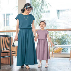 Summer Japanese-inspired refreshing small-town style parent-child dress, breathable casual A-line dress, belted short-sleeved long dress