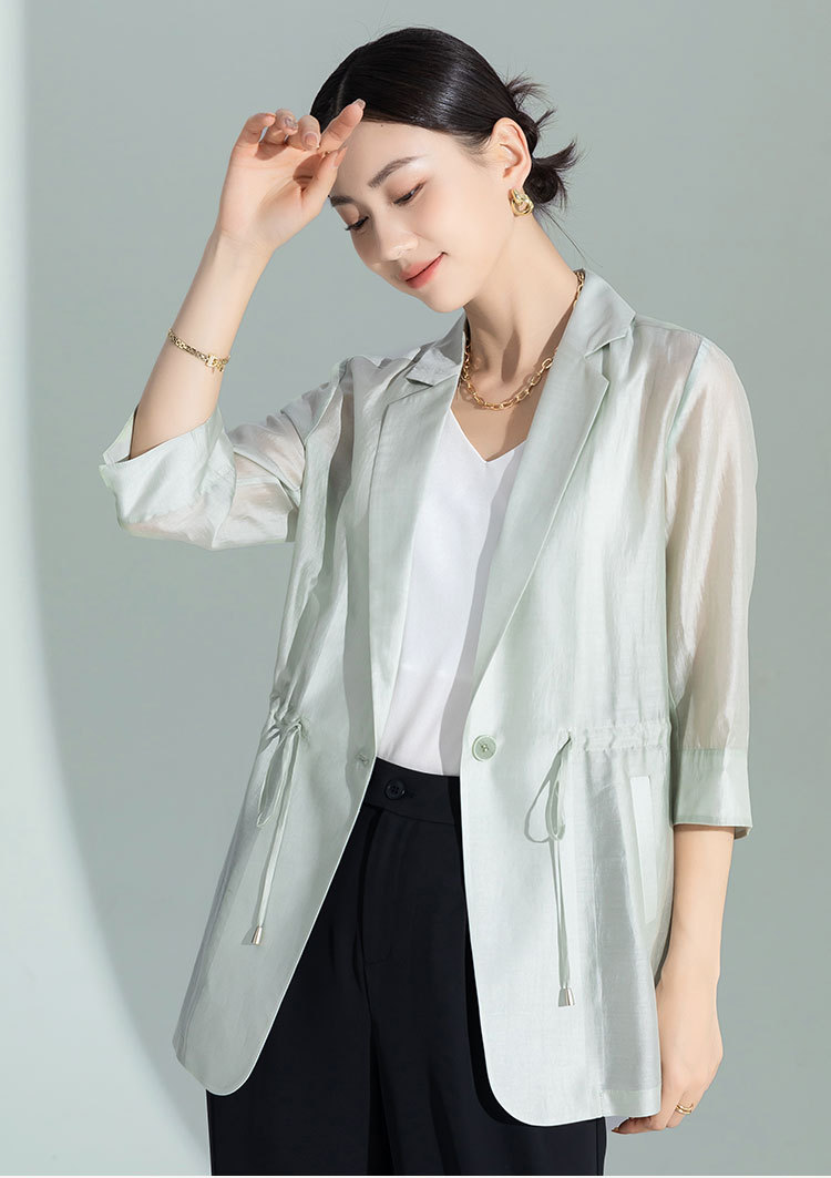 Áo khoác blazer nữ cổ lật dây rút chất liệu Leisel mỏng nhẹ mùa hè — Màu trắng chi tiết 1