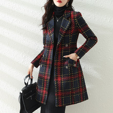 2022年秋冬新款黑紅格時尚韓版風衣修身御姐范大衣潮款氣質