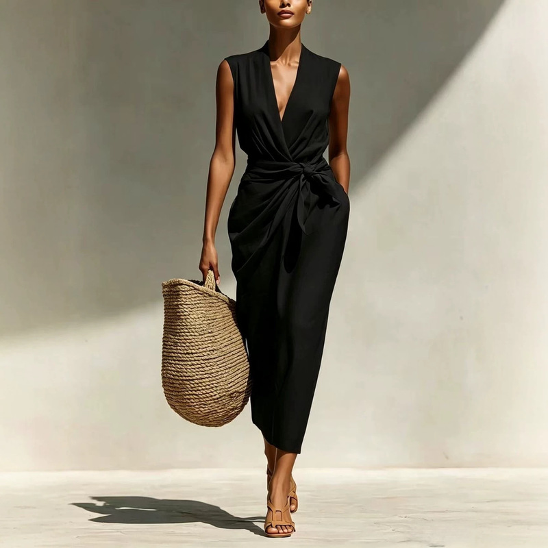 2026 Spring/Summer Cross-Border European and American Amazon Solid Color Wrap-Strap Twisted V-Neck Sleeveless Cotton-Linen Midi Dress 2026 Spring/Summer Cross-Border European and American Amazon Solid Color Wrap-Strap Twisted V-Neck Sleeveless Cotton-Linen Midi Dress