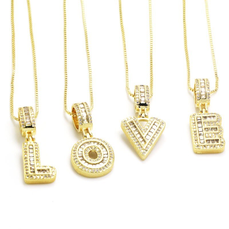 New Cross-border 26 English Alphabet Pendant Zircon Necklace Hip Hop Bagu Chain Clavicle Chain European and American Accessories Women