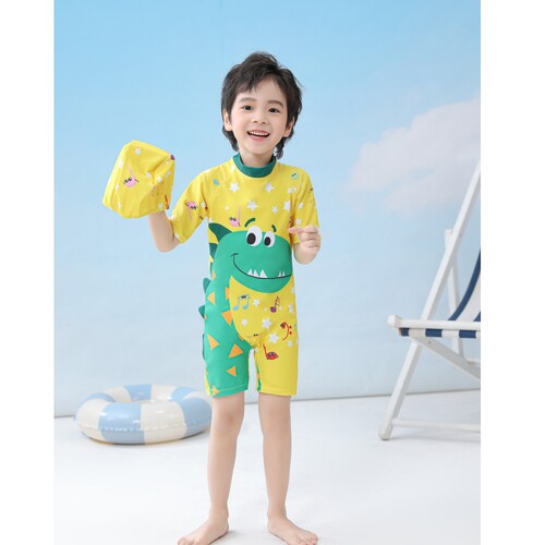 Children's swimwear for boys, one-piece swimsuit for baby boys, long-sleeved beach, sunscreen, hot spring, swimming suit with dinosaur design